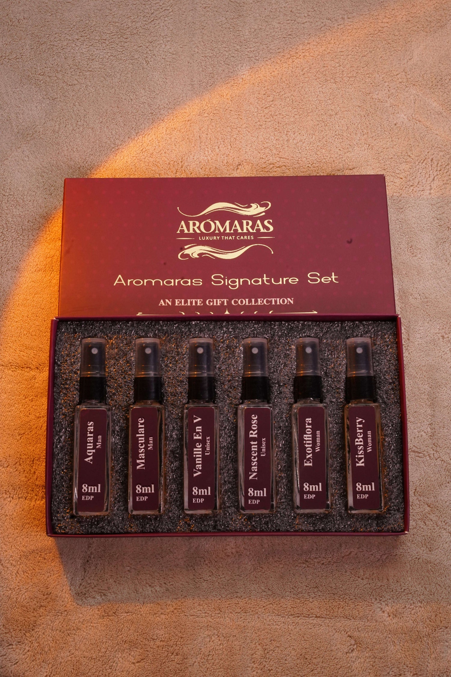 Aromaras luxury perfume gift set with elegant fragrance bottles