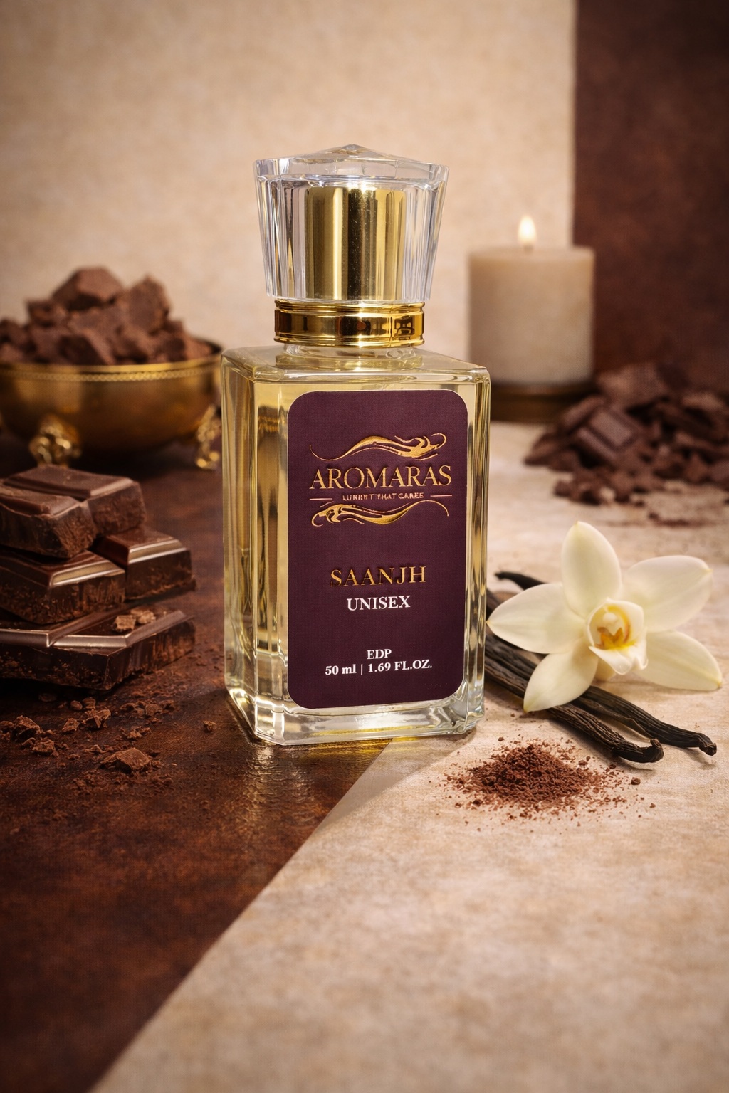 AROMARAS SAANJH evening perfume bottle with chocolate and vanilla warm gourmand fragrance