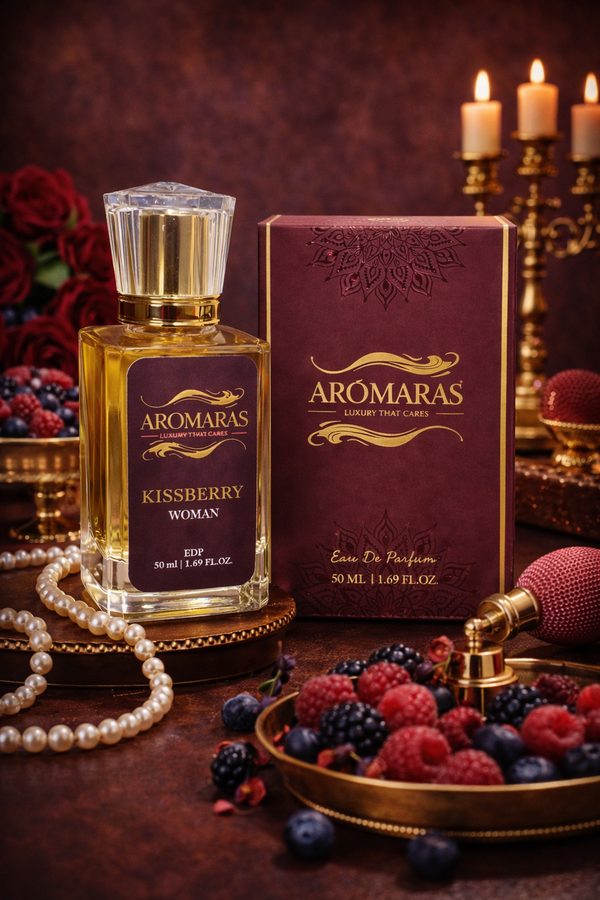 AROMARAS KissBerry fruity floral women's perfume with luxury packaging and berry themed background