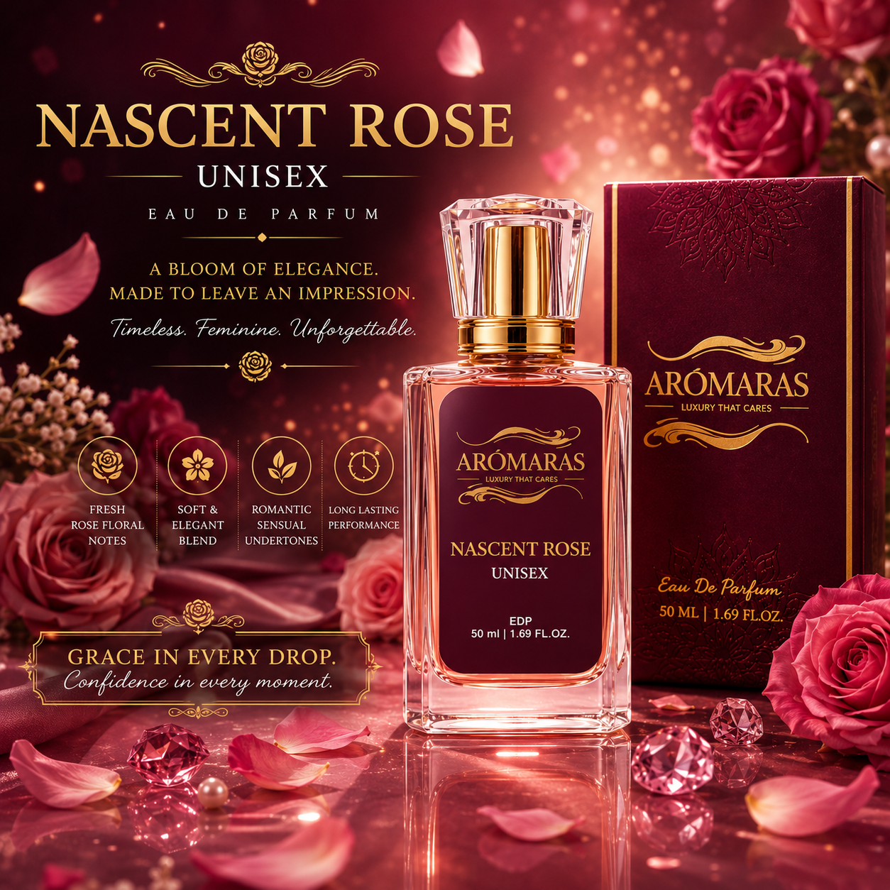 Nascent Rose – Luxury Rose Unisex Perfume | Long Lasting Fragrance | AROMARAS