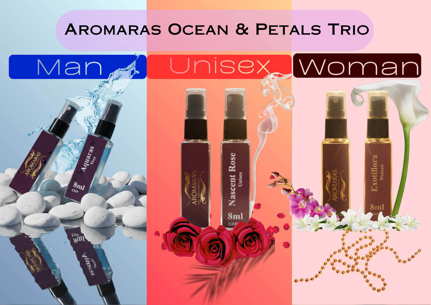 Aromaras Ocean & Petals Trio – Aquaras | Nascent Rose | Exotiflora
