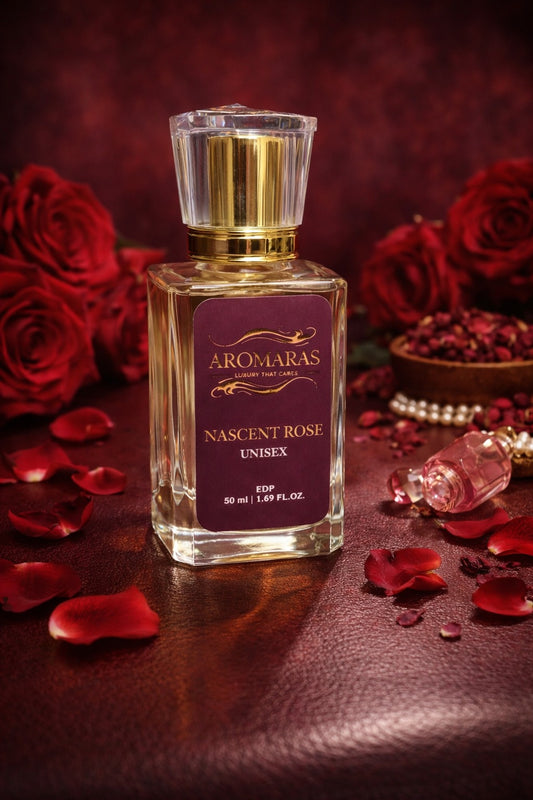 AROMARAS Nascent Rose unisex perfume bottle with rose petals luxury floral fragrance