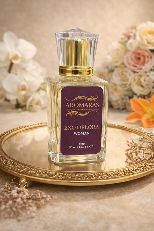 AROMARAS Exotiflora women's perfume bottle with orchids and floral elements luxury fragrance