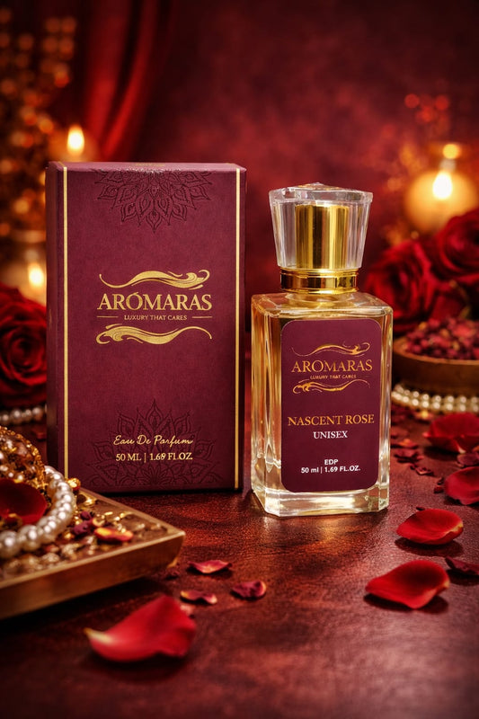 AROMARAS Nascent Rose perfume with box rose themed luxury perfume packaging