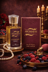 AROMARAS KissBerry fruity floral women's perfume with luxury packaging and berry themed background