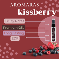 Fragrance notes of AROMARAS KissBerry perfume featuring strawberry raspberry jasmine rose vanilla musk