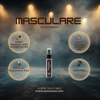 Fragrance notes of AROMARAS Masculare men's perfume showing tobacco, tonka bean, vanilla, leather and musk
